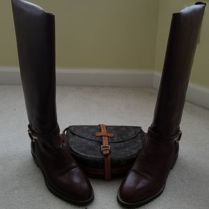 Cognac brown faux leather riding boots